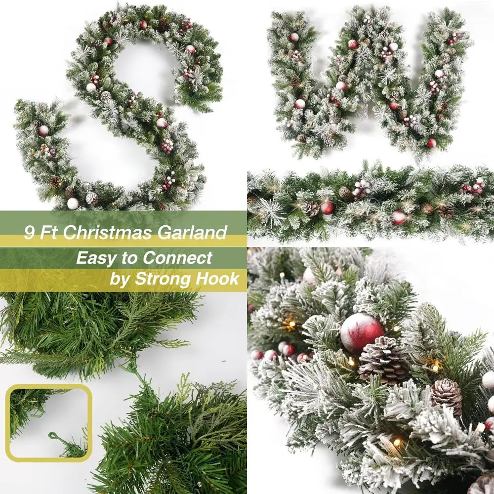 

Флокированная рождественская гирлянда длиной 9 футов с 50 лампами, декор из сосновой шишки и красных шариков, функция таймера для внутреннего и наружного использования