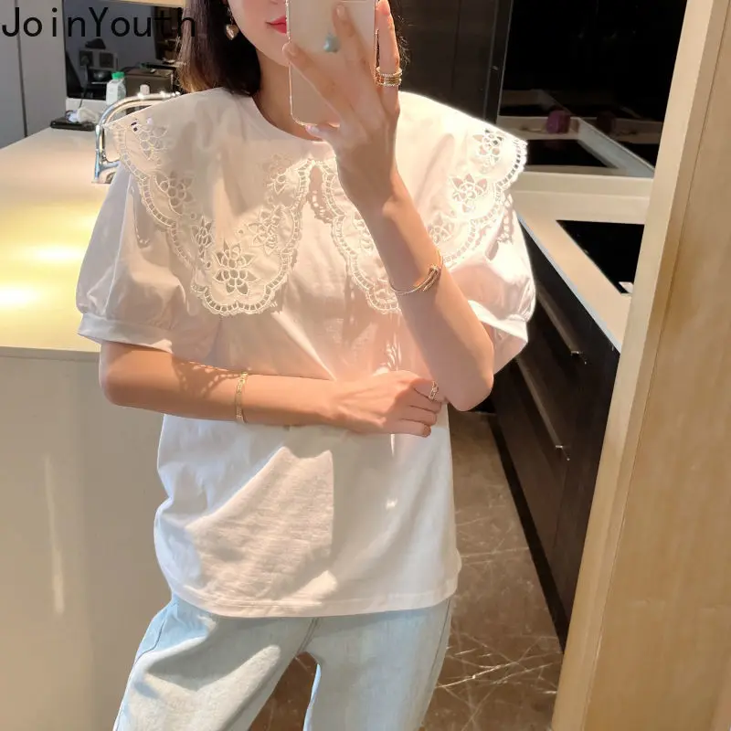 White Shirts for Women Chic Hollow Out Peter Pan Collar Sweet Tshirt Oversized Fashion Loose Tops Y2k Clothes Korean T Shirt