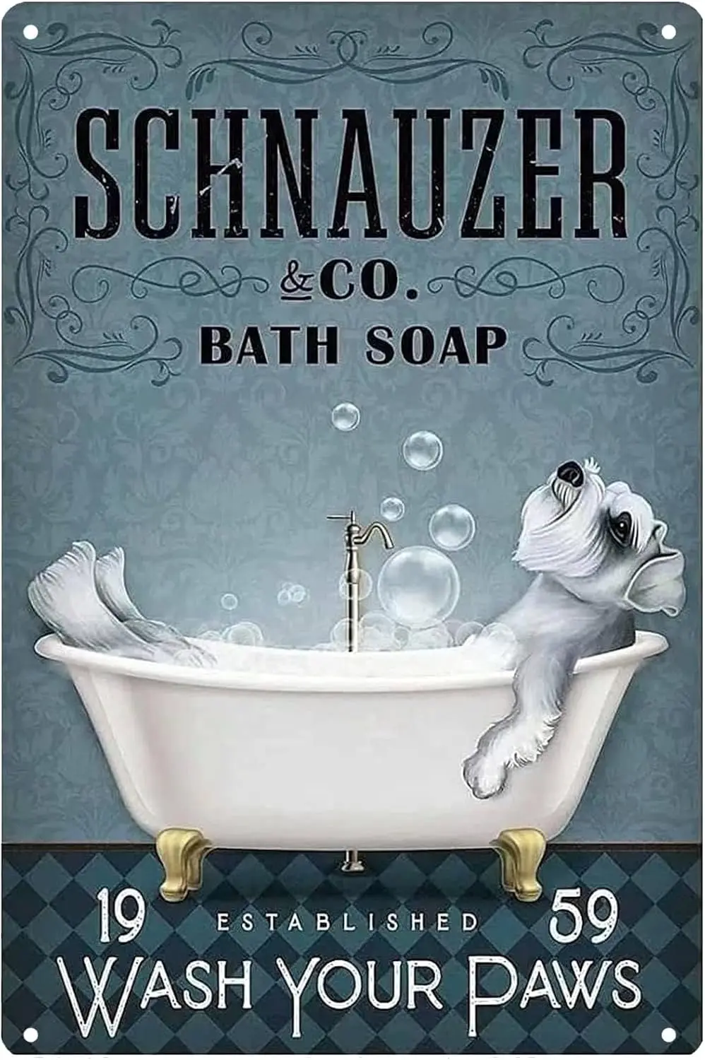 Tin Sign Schnauzer Bath Soap  Vintage Dog Sign Retro Metal Poster for Home Bathroom Wall Decor 8×12 Inches