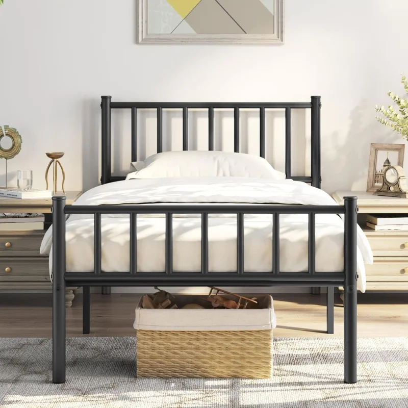 Twin Size Metal Platform Bed Frame Mattress Foundation With Spindle Headboard &Amp; Footboard/No Box Spring