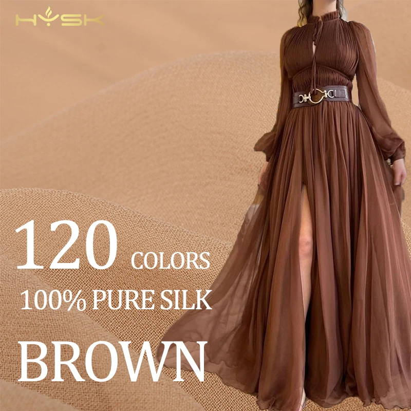 HYSK 100 pure silk chiffon fabric brown 120 multicolor DIY washable mulbery original silk georgette wedding dress silk textiles