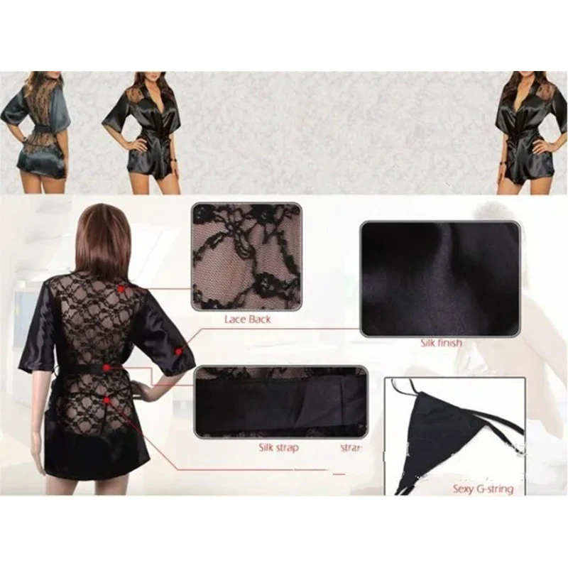 Women Sexy Silk Dressing Babydoll Lace Lingerie Belt Bath Robe Nightwear Women Sexy Nightwear Female Bathrobes