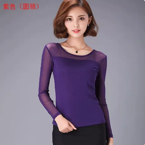 Jesienno-zimowa czarna biała koszula z okrągłym dekoltem, solidna siateczkowa koszulka koreańska moda damska topy