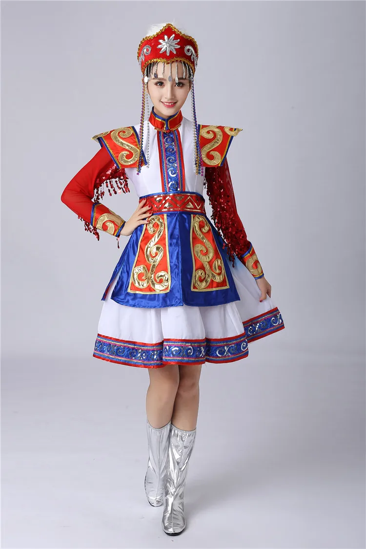 Stroje taneczne Mongolii Wewnętrznej, stroje mniejszości narodowych, mongolskie szaty, suknie sceniczne damskie, mongolskie kostiumy sceniczne.
