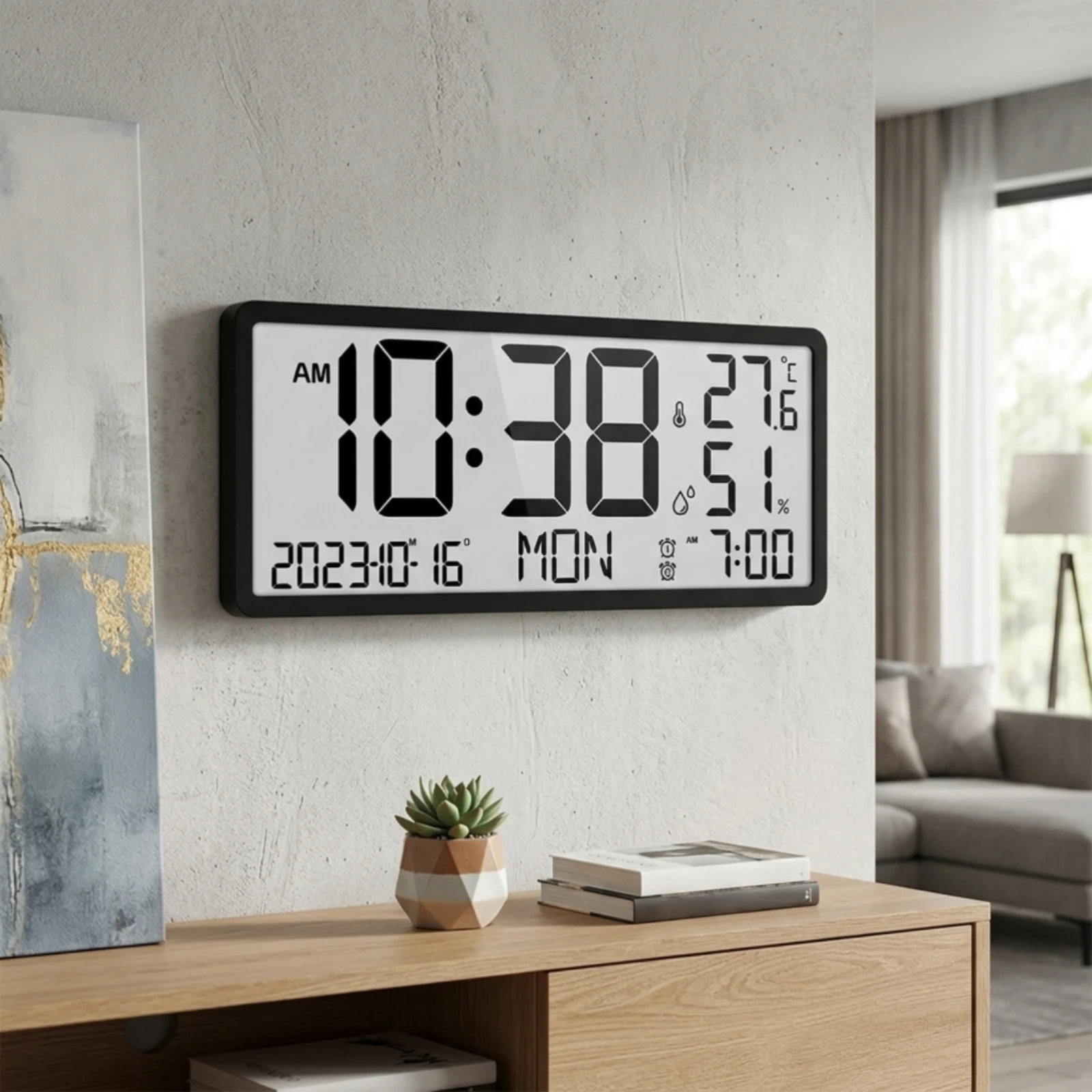 Wall Clock with Temperature and Humidity Modern Digital Wall Clock Rectangular Alarm for Seniors, Living Room, Office