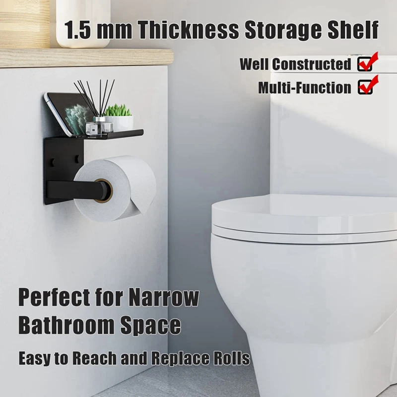 Toilet Paper Holder With Phone Shelf, Adhesive Or Screw Wall Mount Toilet Tissue Roll Holder, Bathroom Storage Dispenser