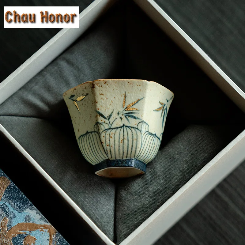 

45ml Blue And White Flint Red Teacup Handmade Gold Drawing Bamboo Tea Bowl Hexagonal Sample Tea Cup Personal Master Cup Teaset