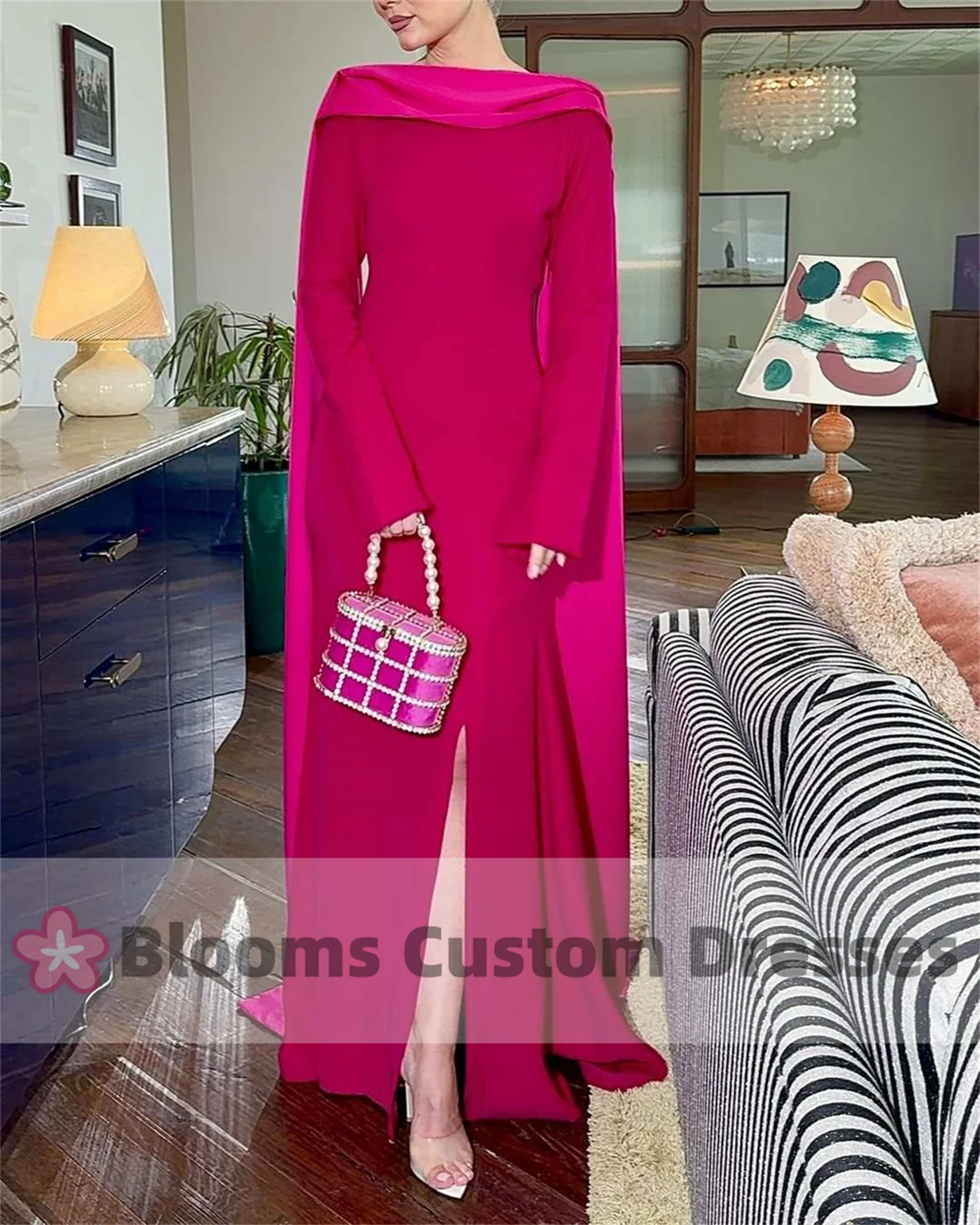 Blooms Fuchsia Long Sleeves Prom Dress Customized Pearls Backless Arabia Evening Dress Long Party Gown