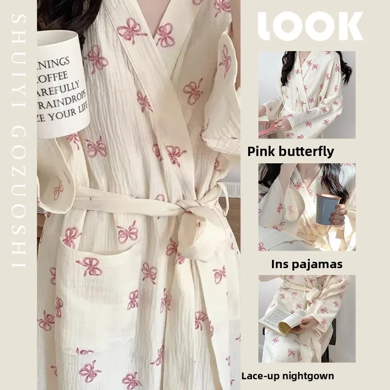 

New Spring and Autumn Women's Pajamas, Korean-Style Simple Comfortable Robe, Bow Casual Loose Homewear Nightdress for Summer