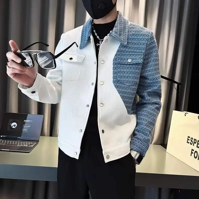 

Мужская повседневная джинсовая куртка-пэчворк с воротником-стойкой, легкая, ветрозащитная, для весны и осени, новинка