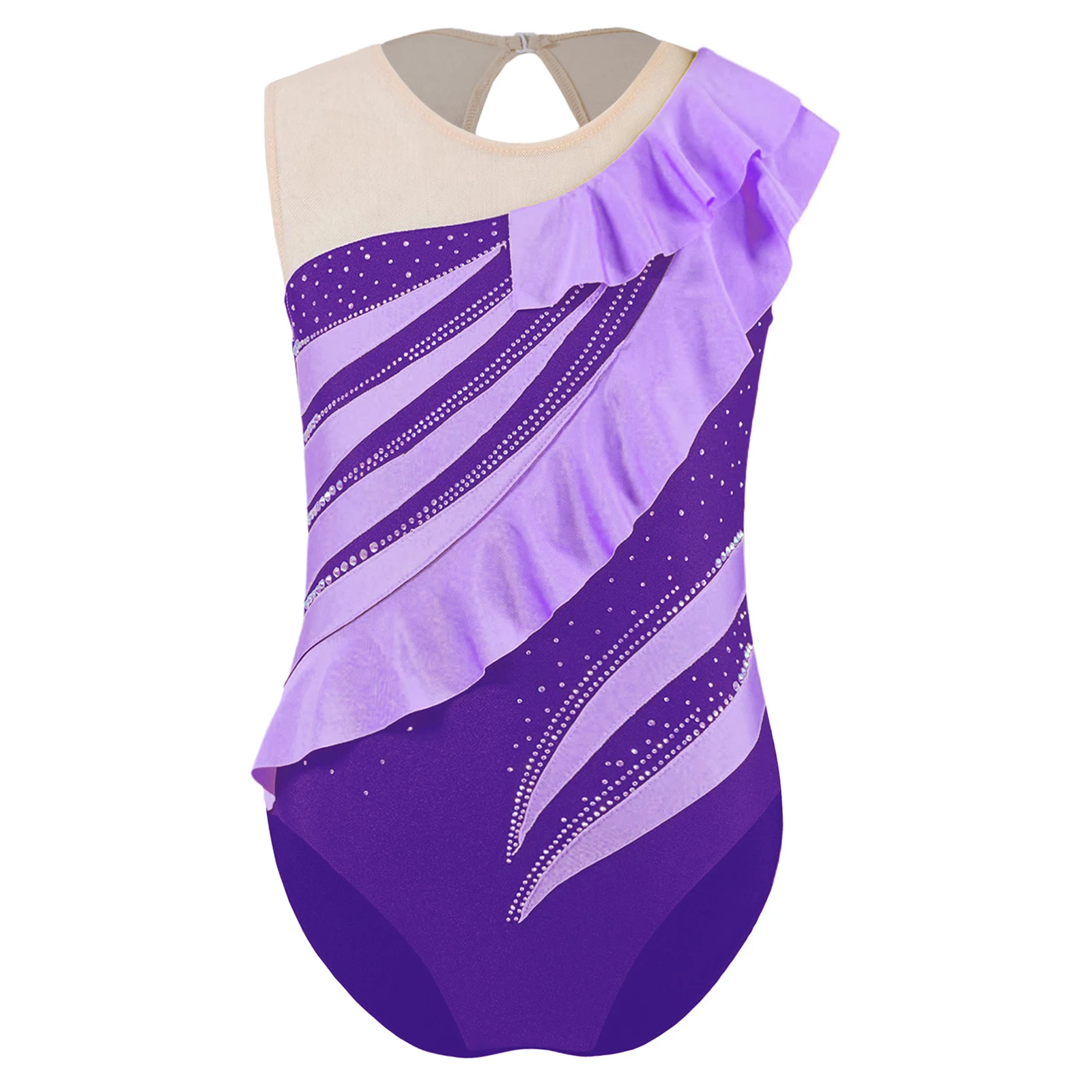 

Kids Girls Figure Skating Gymnastics Leotard Sleeveless Contrast Color Patchwork Ruffles Shiny Rhinestones Ballet Dance Bodysuit