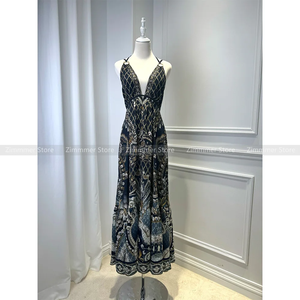 Australia niche noblewoman V-neck printed silk with diamonds resort style fairy dress ethnic style halter long dresses