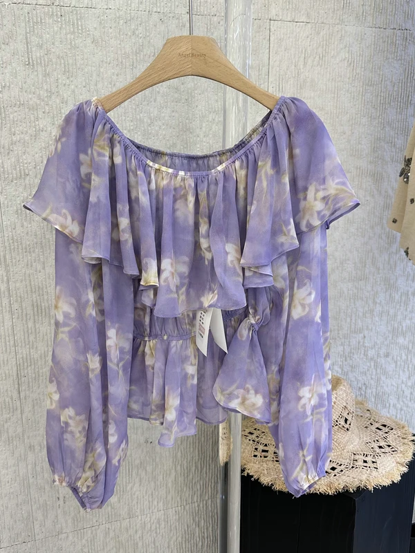 

Romantic Atmosphere Lace Trim Chiffon Shirt Women's Summer Floral Print Casual Loose Fit Long Sleeve Short Length Bubble Sleeve