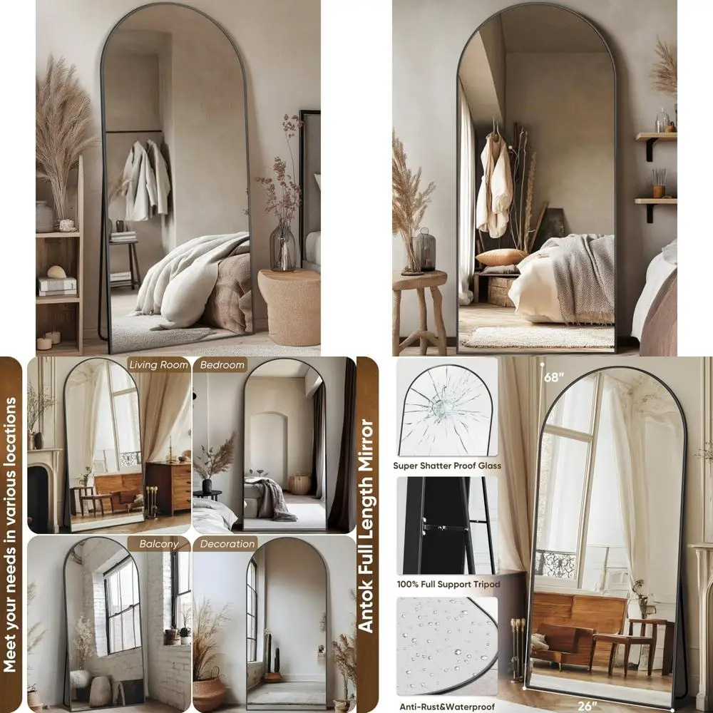 Espejo de suelo estilo arco de gran tamaño, 26x68 pulgadas, negro, adecuado para dormitorio, sala de estar y guardarropa