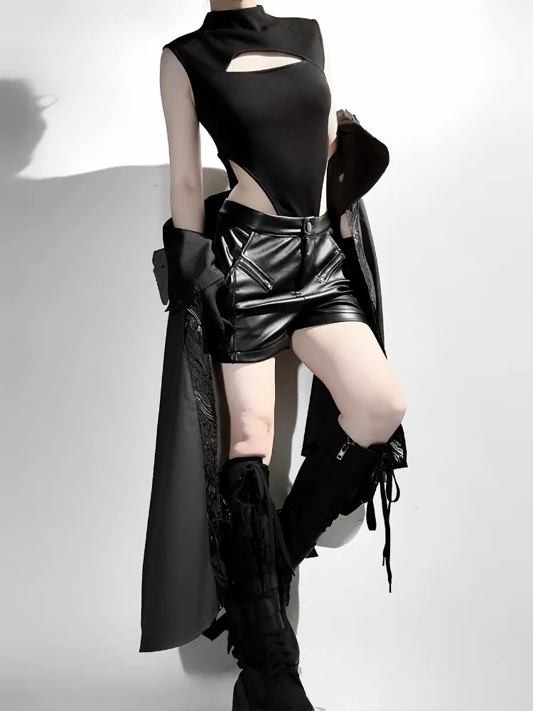 2025 Summer New Lolita Dark Punk Gothic Style Grey Black Long Sleeve Top High Waist Shorts Irregular Tight Tank Top Set