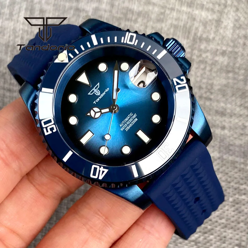 

Tandorio NH35A 40mm Blue Coating Case Sunburst Dial Fashion 20bar Automatic Dive Men Watch Date Sapphire Crystal 120-Click Bezel