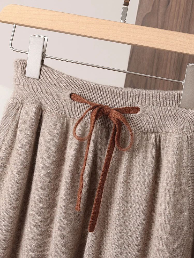 100% Cashmere Straight Pants Men Elastic Waist Drawstring Trousers Autumn Winter Regular Knitted Pockets Soft Basic Casual Pants