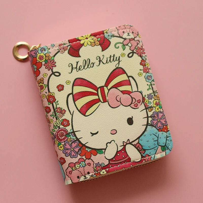 Portafoglio portamonete Sanrioed Cartoon Hello Kitty Cute Zipper Card Bag portatile pieghevole breve compleanno regalo di natale per amico