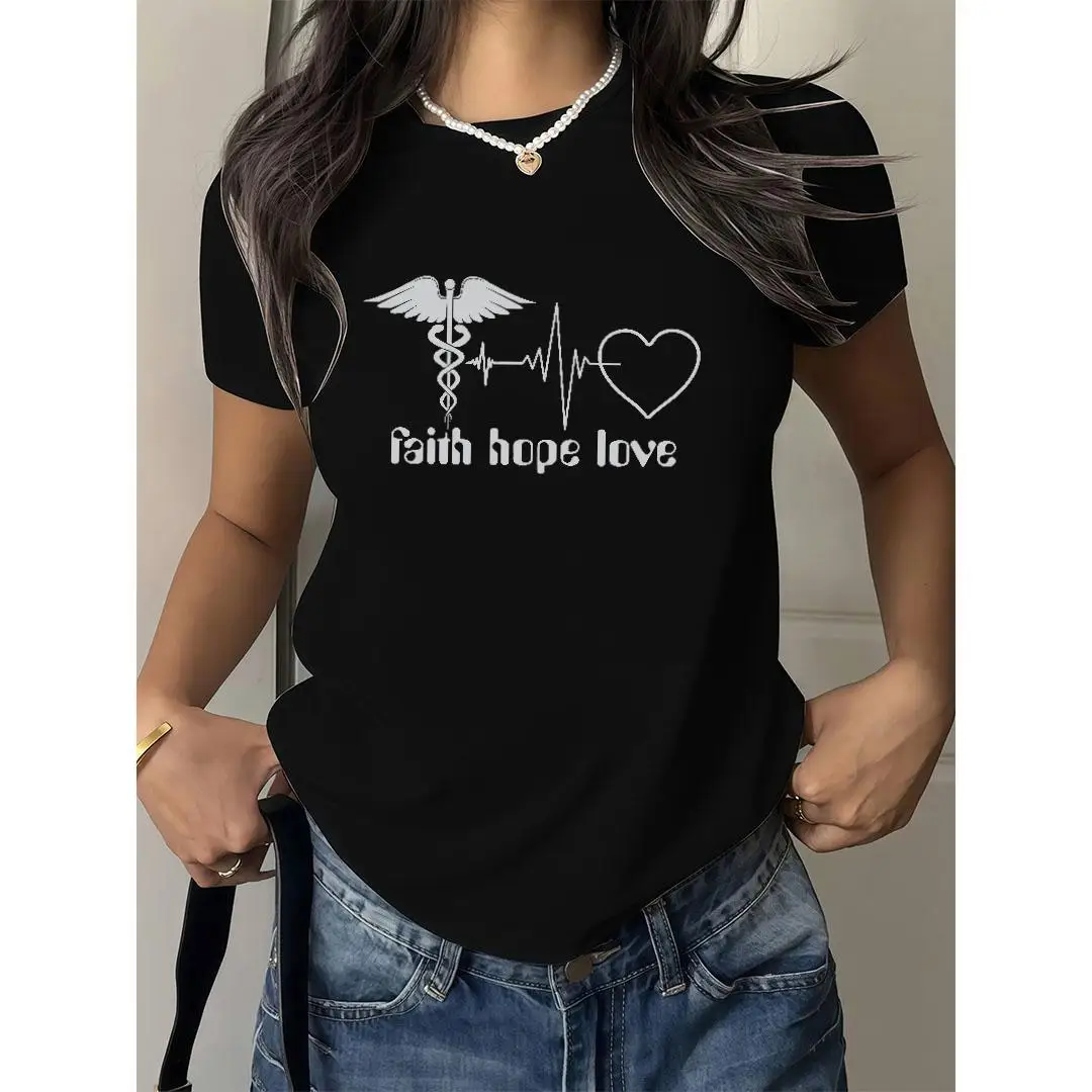 

Women's Faith Hope Love T-shirt Christian Medical Graphic Tee Heartbeat Caduceus Print Top