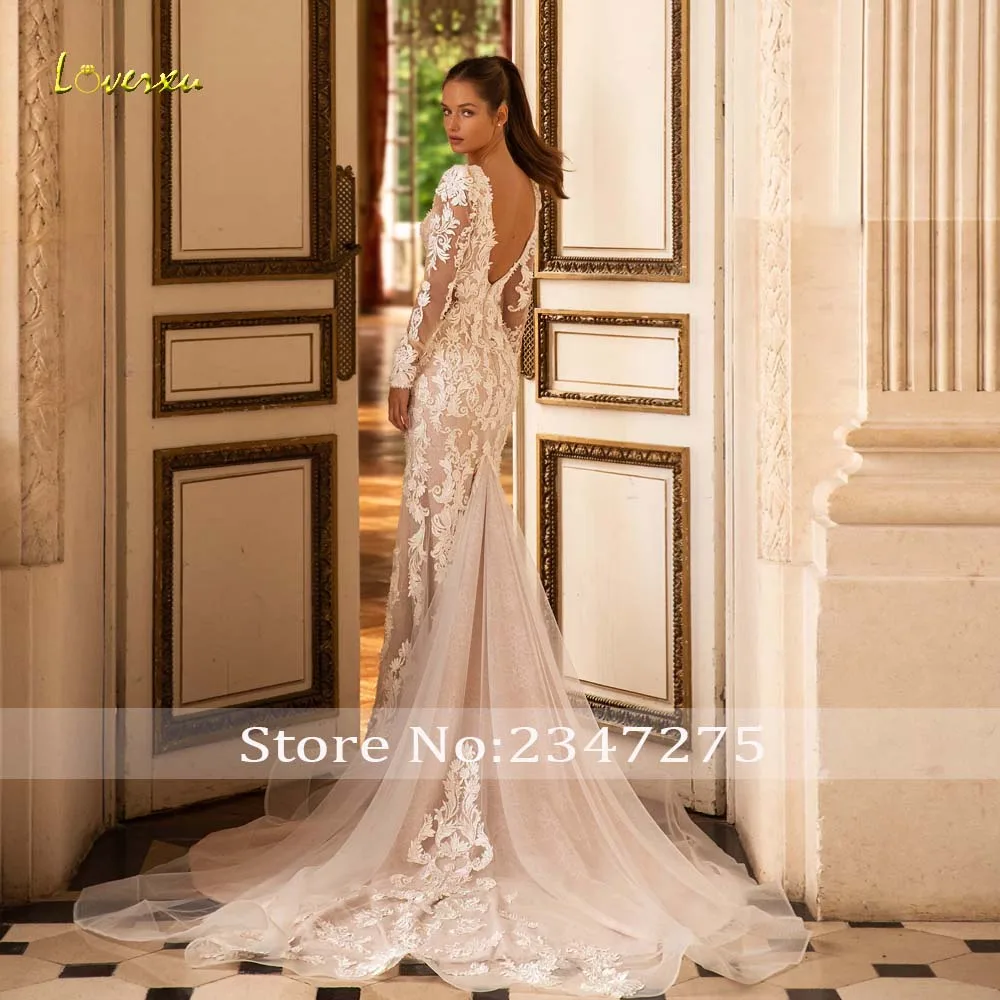 Loverxu Mermaid Elegant Wedding Dresses 2024 V-Neck Long Sleeve Vestido De Novia Glamorous Appliques Backless Robe De Mariee