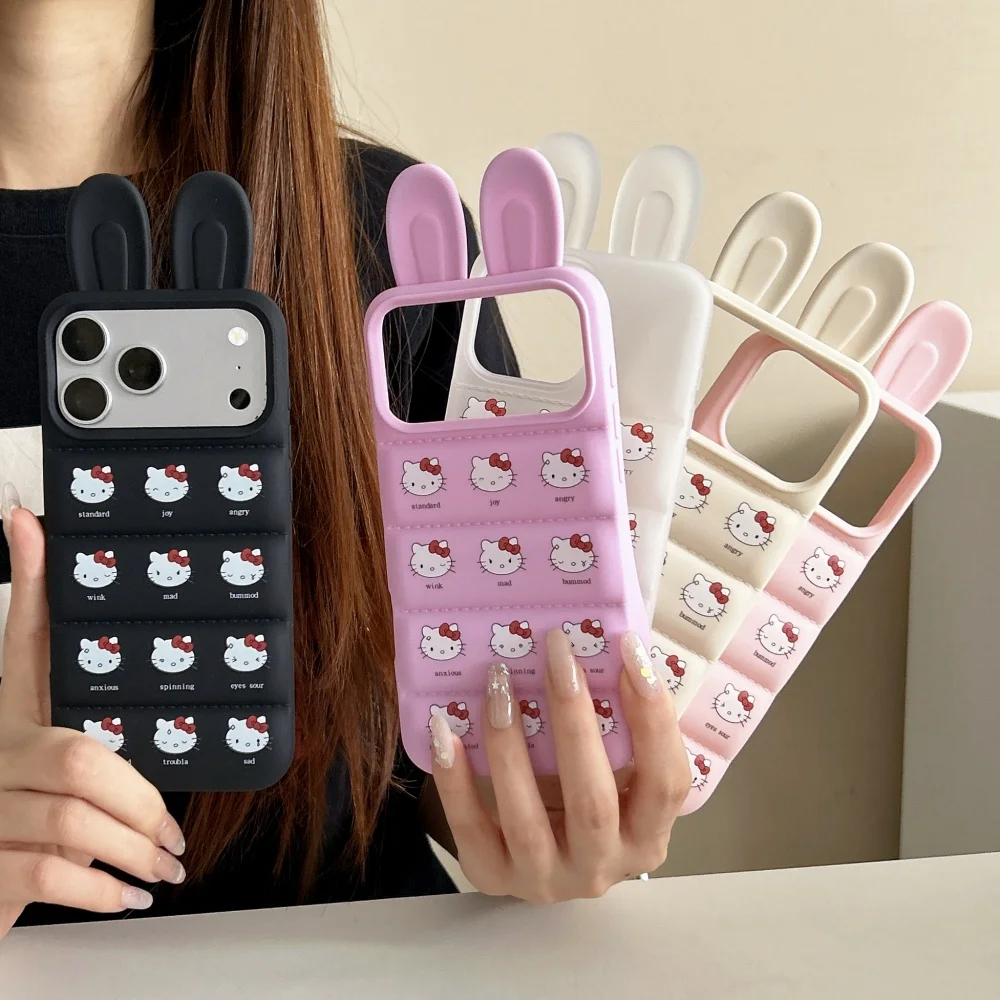 Hasenohren-Daunenjacke Sanrio KT Katze Handyhülle für iPhone 17 16 15 12 13 14 Pro Max Silikon Stoßfeste Weiche Hülle für Mädchen