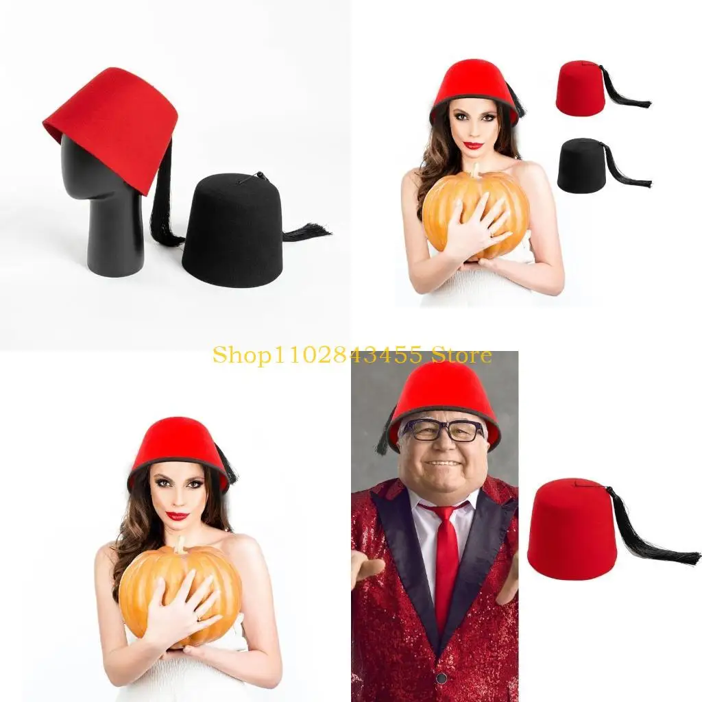 

49MC Fez Hat, with Black Tassels, Arounds The World Fancy Dress, Adult Dress Up Hats Beanie Caps Flat Top Hat