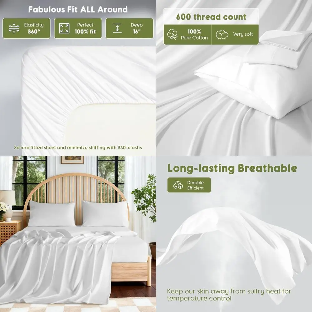 

Luxury 600-Thread Egyptian Cotton King Sheets, Deep Pocket, Breathable Sateen, 4-Piece Set (White)