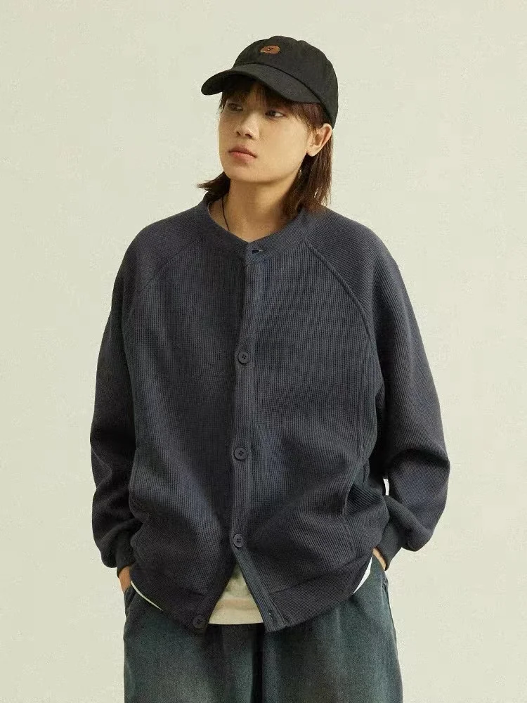 Loose Fit Pure Color Button up Cardigan round Neck Spring Autumn New Style Unisex Japanese Style Waffle Pattern Outerwear