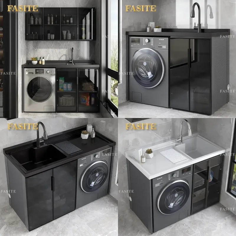 For Balcony Aluminum Laundry Cabinet with Quartz Stone Integrated Sink and Rubbing Board Simple Space Saving Washing Basin