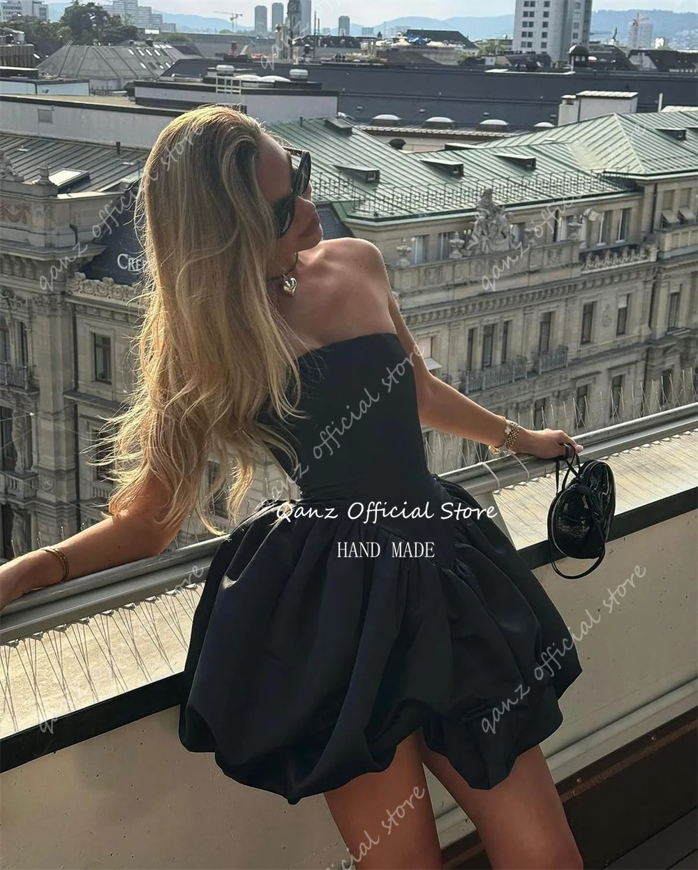 Qanz Sexy Strapless Short Prom Dresses Black Satin Backless Evening Dresses In Turkey Birthday Dresses Luxury 2024 Customized