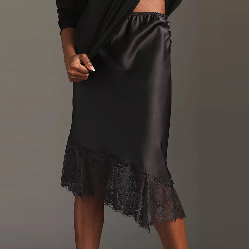 

Summer New High Waist Irregular Short Skirt Elegant Lady Solid Color Spliced Skirt Casual Satin Polka Dot Print Lace Half Skirt