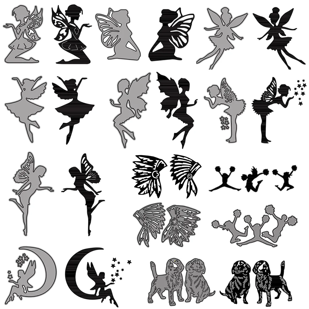 Fairy Theme Metal Cutting Dies Angel Wing Cheerleader Moon Star Pet Dog Die-Cut for Scrapbook Card Making Paper Crafts