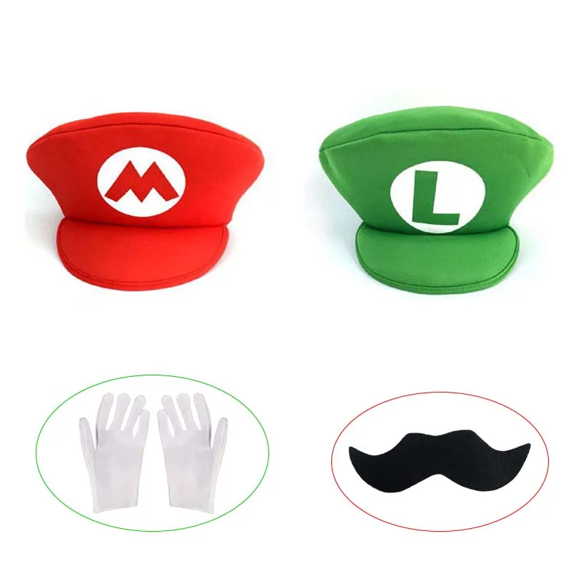 Rood Groen Super Bros Hoeden Set Mary Luigy Caps Snorren Handschoenen voor Halloween Kerst Cosplay Kostuums Bijpassende Accessoires - afbeelding 2