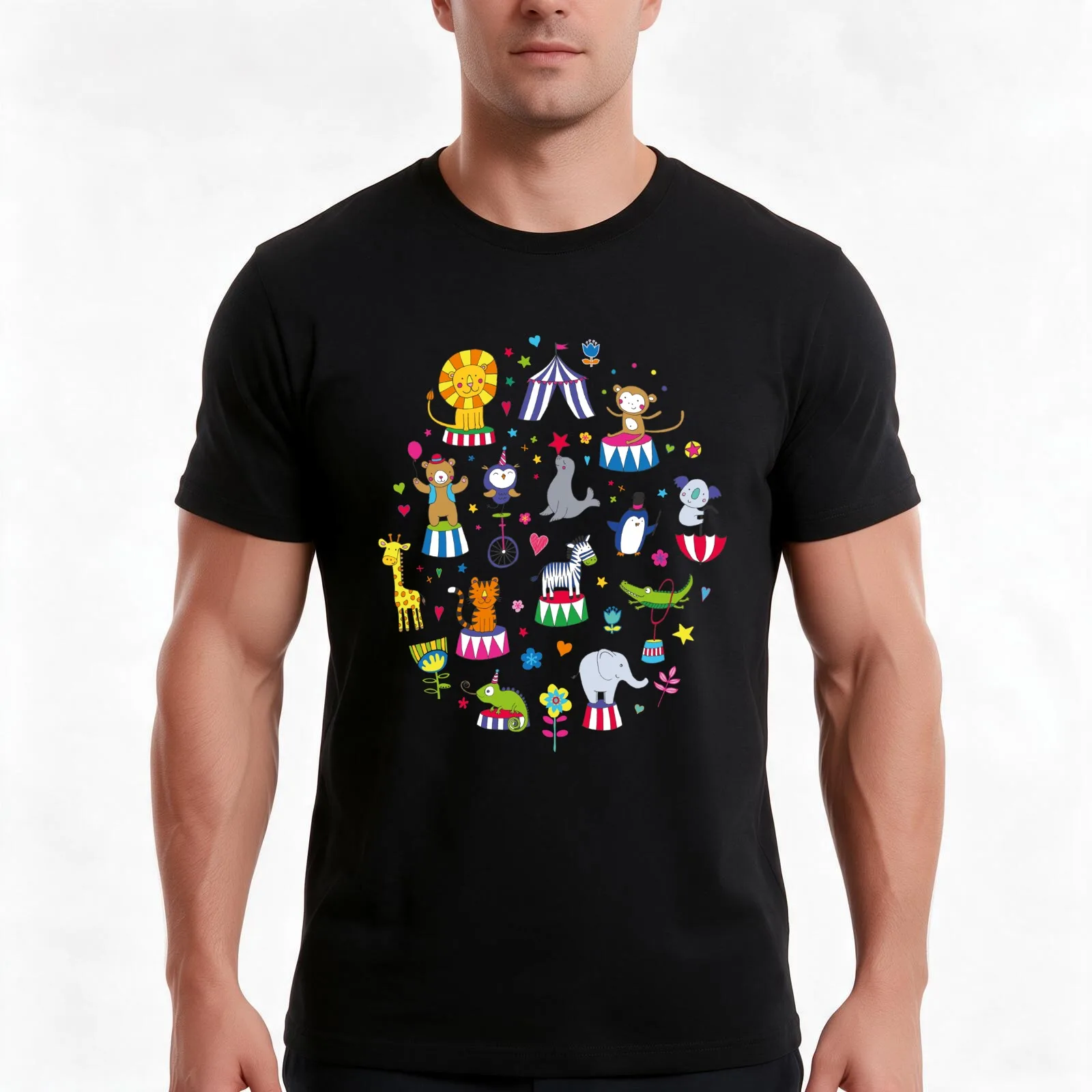 Circus Animal Alphabet - multicoloured on sky blue - Cute animal pattern by Cecca Designs T-Shirt, Summer Casual Cotton Tee