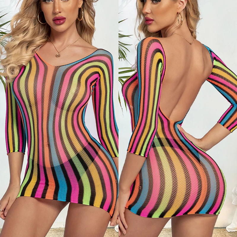Sexy Women Fishnet Halter Backless Dress Low Cut Tight Pencil Cute Dress Plus Size Mini Mesh Dress Night Club Dance Short Dress