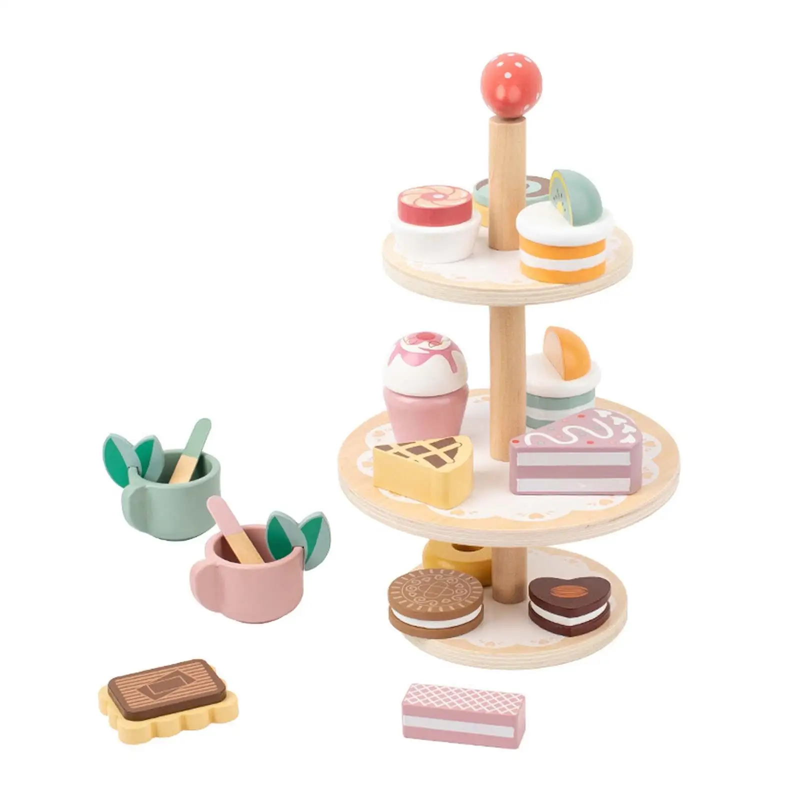 

Wooden Dessert Cake Stand Montessori Toys Interactive Game Pretend Play Kids Tea Party Set for Kids 3 Years Old + Girls Children