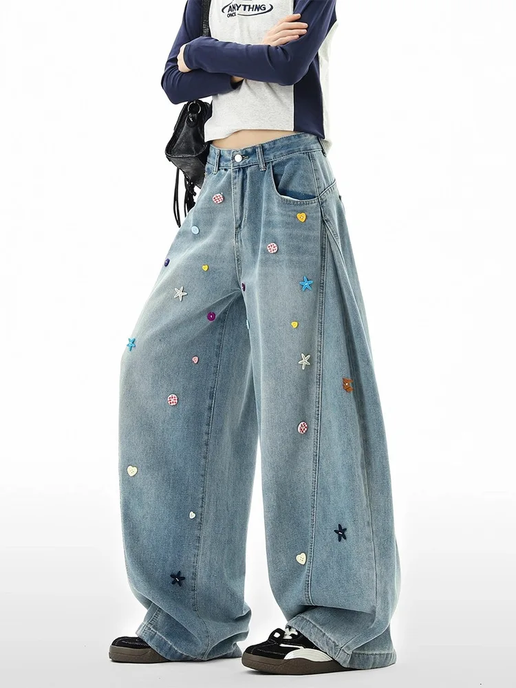 Calças Jeans Americanas Retrô Coloridas com Botões para Homens e Mulheres, Calças de Perna Larga Casuais Soltas para o Início...