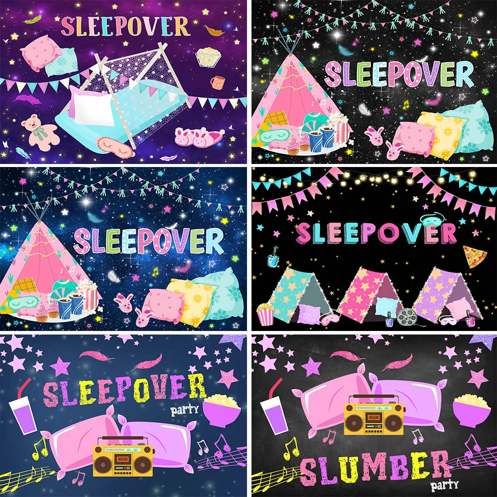 

Mocsicka Sleepover Party Backdrop Girls Slumber Pajama Pillow Tent Birthday Party Decor Background Photo Studio Photoshoot Props