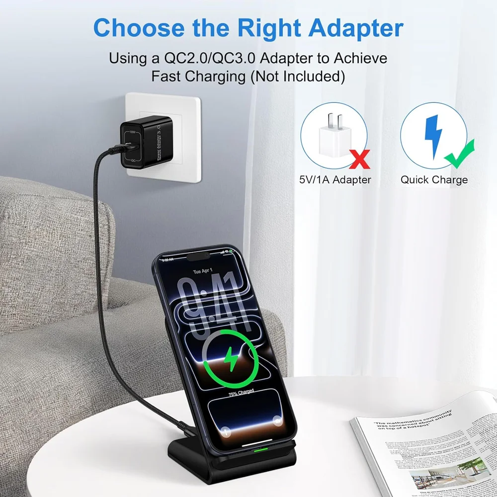 30W Fast Wireless Charger Stand Pad for iPhone 17-11/XR, Samsung Galaxy S25/S26/S21/S20, Xiaomi, Huawei & All Qi-enabled Phones view 2