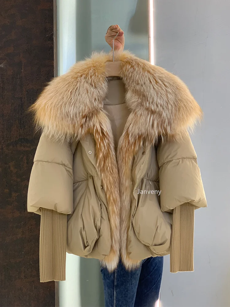 Janveny Large Real Silver Fox Fur Collar 2026 White Duck Down Jacket Women Winter Luxury Puffer Coat Oversize Feather Outwear
