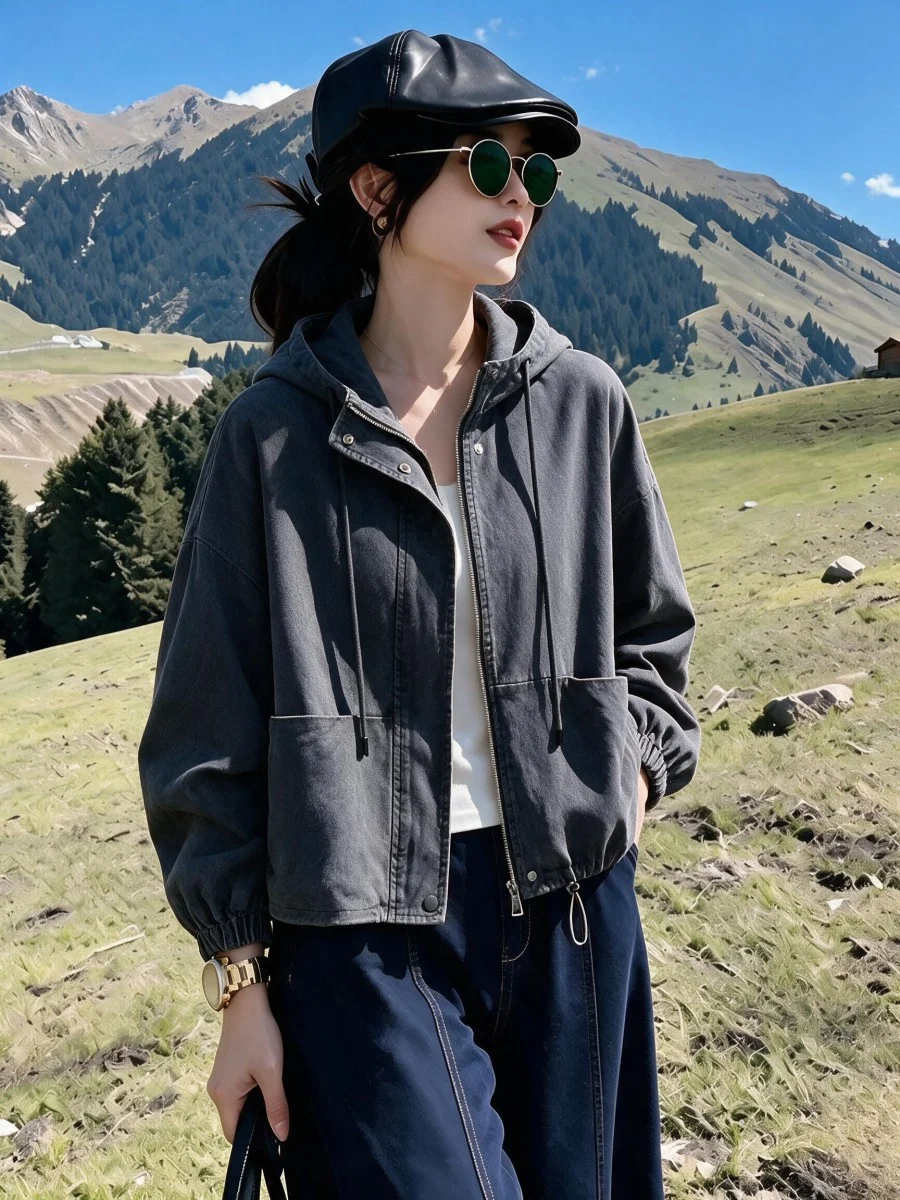 Retro Washed Hooded Jacket Women's Design Spring New Loose Fit Short Outerwear Cotton Commute Style Zipper Decorated Long Sleeve