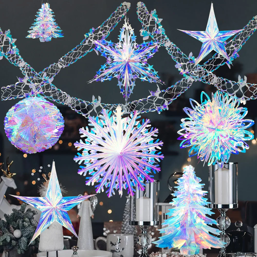 Iridescent Shiny Rainbow Honeycomb Snowflake Xmas Tree Star Fan Curtains for Birthday Party Wedding Christmas Decor Wholesale