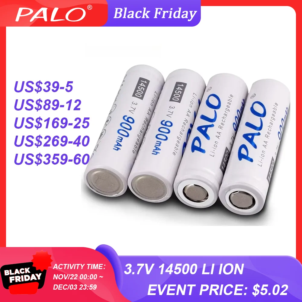 PALO 2-16pcs 14500 900mAh 3.7V Li-ion Rechargeable Batteries AA Battery Lithium Cell for Led Flashlight Headlamps Torch Mouse