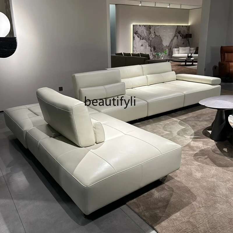 

Adjustable backrest leather sofa large horizontal hall front and rear seat living room Italian minimalist sofa
