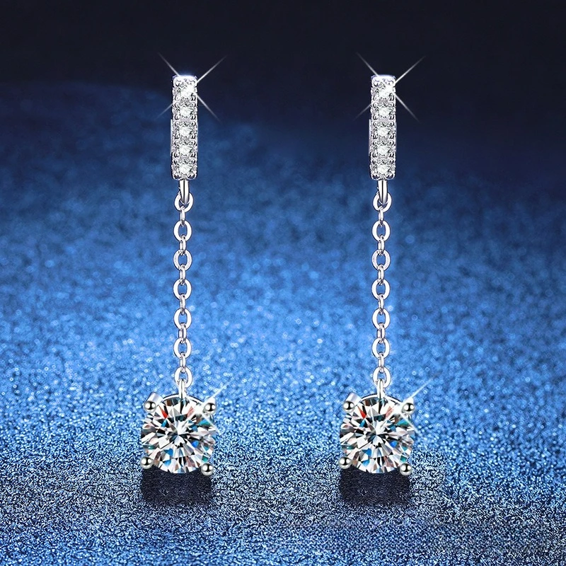 Platinum PT950 18K Gold Earrings Made of Moissanite, Classic Four Claw Tassel Earrings with 1carat Moissanite Ear Line