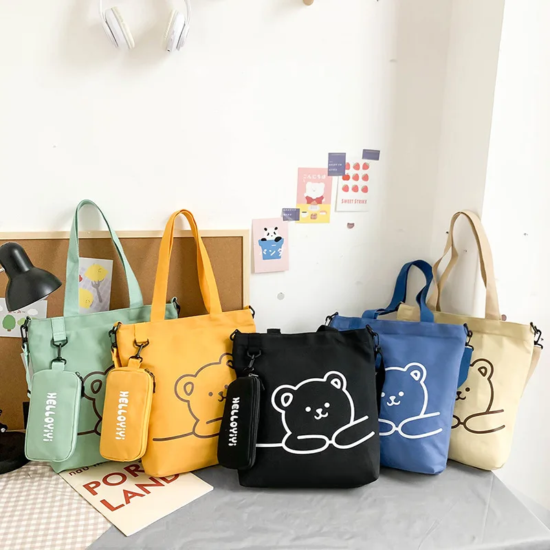 

Ladies' Shoulder Bags Bear Dinosaur Cute Cartoon Print Japanese Kawaii Canvas Bags Large Capacity Portable Handbags For Girl