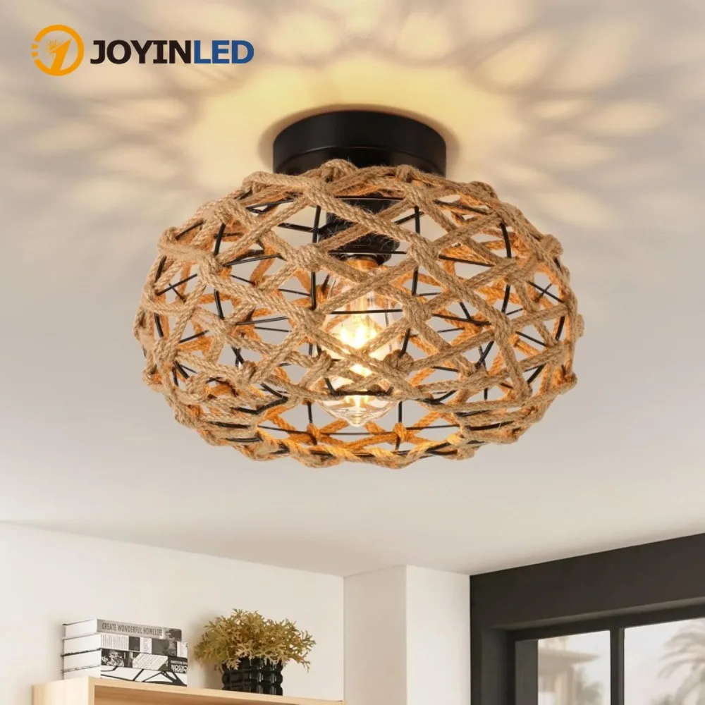 JOYINLED Woven Rattan Wicker Pendant Light Hemp Rope Ceiling Light Retro Fixture for Kitchen Bedroom Hallway Living Room