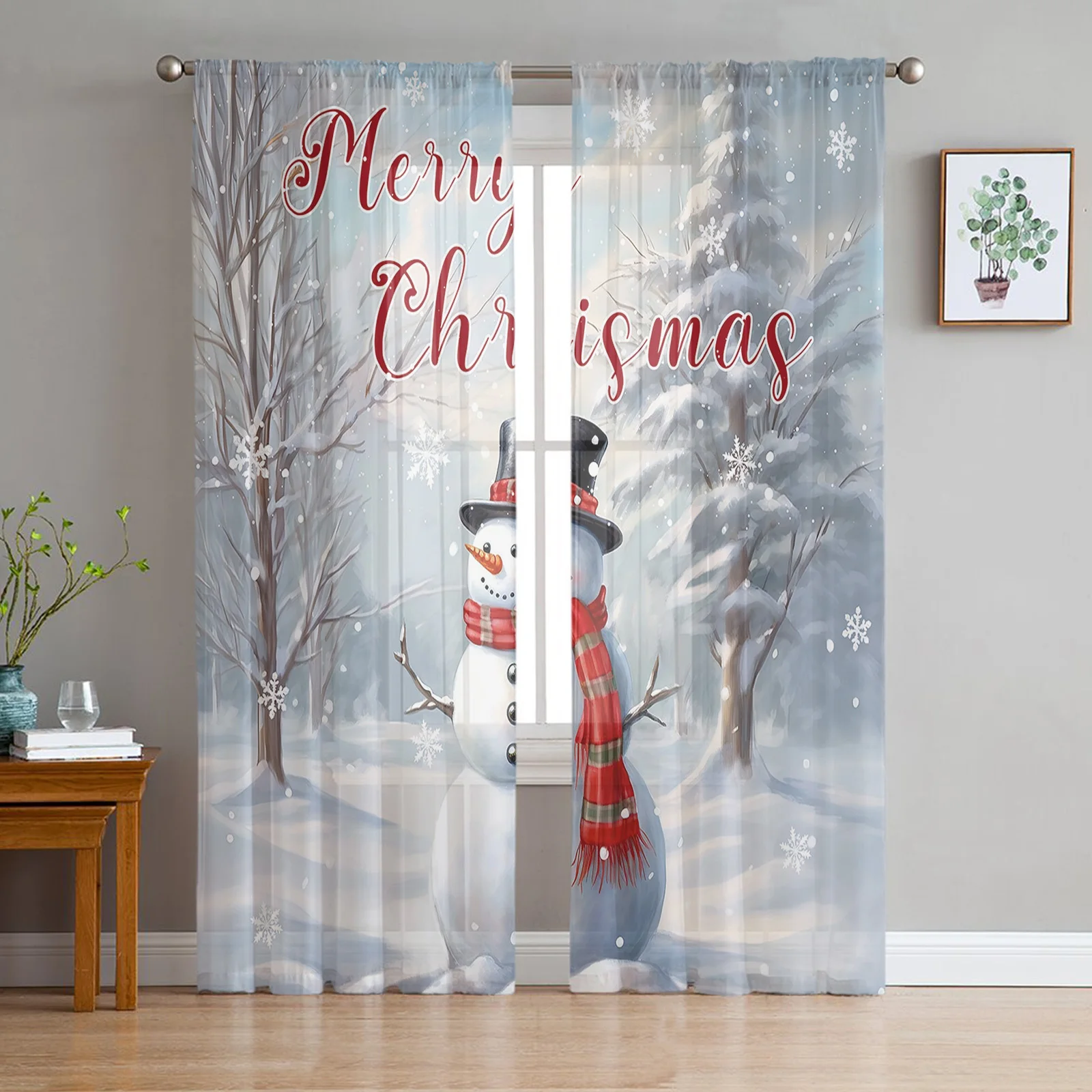 Christmas Snow Scene Snowman Window Tulle Curtains for Living Room Kitchen Christmas Home Decor Sheer Voile Curtains