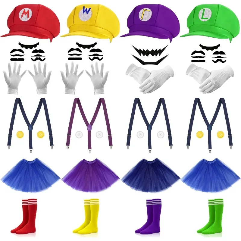 

4Pcs Super Sisters Style Costume Accessories Set - Color Character Hats, soccer socks, Mustaches, tutu skirts, Gloves & Buttons