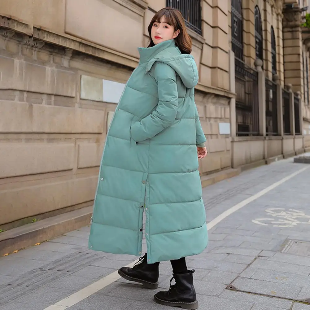 Cotton Coat with Fleece Lining Women's Hooded Cotton Coat with Side Slit Hem Long Sleeve Down Jacket Thickened for Winter